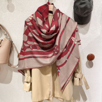 Retro rich red foreign style high-end silk wool scarf womens autumn and winter silk wool large square scarf warm shawl dual-use