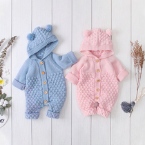  Newborn baby clothes supplies Autumn and winter hooded ins modeling cotton sweater Mens and womens baby one-piece romper climbing clothes