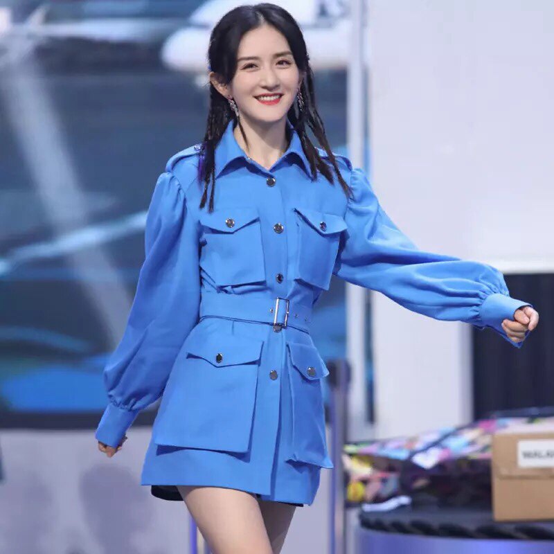 快乐大本营谢娜明星同款衣服秋季新中长口袋腰带灯笼袖风衣外套女