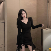 2022 Spring loaded woman long sleeve mid-length V neckline slim side drawing rope lace with lotus leaf side bag gluteal dress