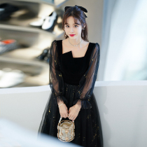 Black Evening Dress Woman 2022 new summer Long sleeves Annual Meeting Chair Dress Silk Suede Small Crowdbanquet Temperament