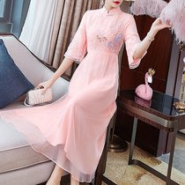 Improved version of cheongsam female retro Chinese fairy dress long super fairy Chinese Tea Art dress slim Tang dress dress