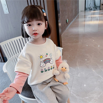 Girls T-shirt fake two 2021 new autumn childrens round neck long sleeve baby base shirt cartoon autumn top