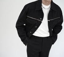 G FOR INNERTHOUGHT MEN WASHED BLACK ZIPPER SHORT DENIM JACKET JAPANESE DENIM FABRIC