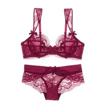 European and American Sexy ultra-thin lace wine red brides tempted full transparent lace silk screen bra lingerie bra suit