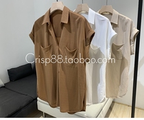 Classic Reproduction Pure Meta ~ Hepburn Style Pearl Ground Shirt Short Sleeve Vintage Polo Collar Blouses Pocket for women Summer