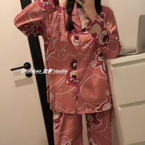 ins Korea ~ sweet strawberry bear pajamas female spring and autumn cotton sweet cute cartoon two-piece home clothes