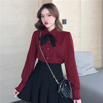 2021 Spring and Autumn New Long Sleeve Chiffon Top Female Korean Student Temperament Joker Shirt Contrast Bow Lace