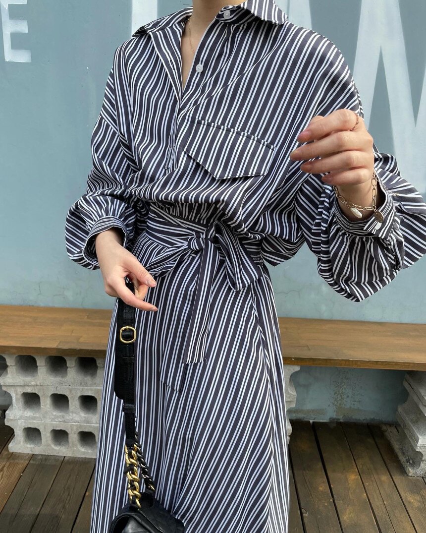 chic韩式复古休闲系带长款连衣裙