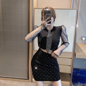 Sexy long sleeve Polka Dot diamond mesh stitching dress