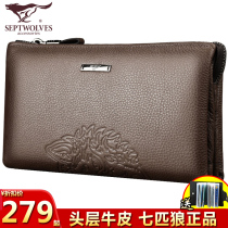 Seven Wolves Mens Head Layer Bull Leather Wallet Large Capacity Handbags Genuine Leather Bag Business Zipper Mens Bag Handbags