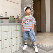 Childrens clothing boys summer suit 2021 new childrens foreign style summer Korean handsome short sleeve denim two-piece tide