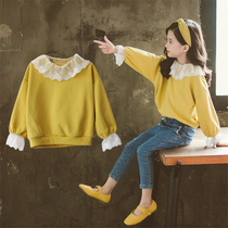 Childrens sweater 2021 spring and autumn thin foreign Korean version of loose fake Two T-shirt female big boy lace top