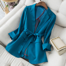 JOLIMENT Spring small suit 2021 new female fashion peacock blue acetate satin lace slim suit jacket