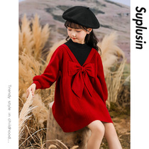 Girl Red dress 2023 New Yanqi children New Year knitted skirt Little girl Chinese dress princess skirt