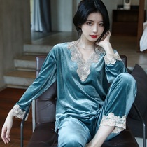2021 New gold velvet pyjamas woman autumn winter style jacket head long sleeve cute Korean version lace long sleeve home clothes