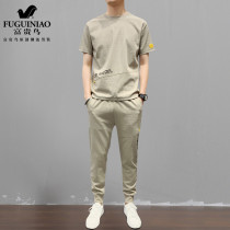 Rich bird summer new short-sleeved leisure sports suit mens Korean version of the running two-piece suit tooling light trend