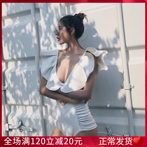 Thai bikini swimsuit female senses lotus leaf side white one-piece flying sleeve spa display slim European and American holiday swimsuit women