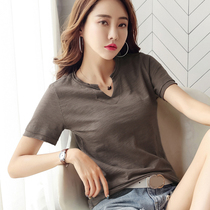 Short-sleeved t-shirt womens summer new Korean slim v-neck bamboo solid color t-shirt tight cotton thin top tide