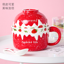 Cute Strawberry Creative Personality Student Bubble Noodles Bowl with lid with handle cutlery Dormitory Rice Bowls Single Breakfast Bowl