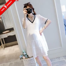 Pregnant women wear summer skirts summer fashion thin ice wire skirt late v-collar white pregnant mother dress