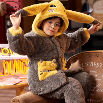 Child Pyjamas Boys Winter Three Layers Clip Cotton Plus Suede Thickened cartoon boy CUHK Coral Suede Home Conserved