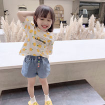 Girls denim shorts set 2021 summer clothes new childrens baby loose thin hot pants thin pants tide