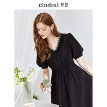 Xi Prefecture 2022 Summer New Black Tandem Dress Woman Superior v collar Lean Temperament Closedown Heben Wind Little Black Dress