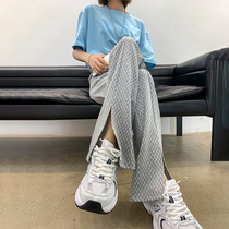 Micro-horn wide-leg pants womens summer thin split grid pants gray high-waisted straight tube casual draping horseshoe pants