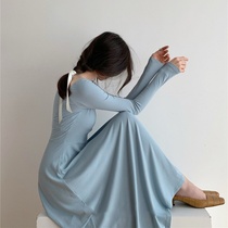 Blue square collar long-sleeved knitted dress womens autumn and winter new sweet and gentle inner skirt A-line over-the-knee midi skirt