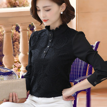 Stand collar black lace shirt bottom shirt women 2021 New embroidery interior plus velvet shirt top Inch