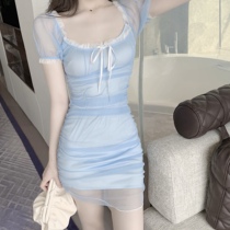 Sexy low-cut mesh bag hip skirt womens summer 2021 new French vintage fake two small fresh dresses