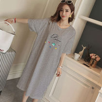 Summer loose large version pajamas Womens short-sleeved large-size long over-the-knee night dress mid-sleeve spring can be worn outside the home long dress