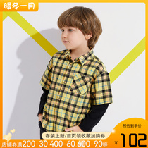 Barabala boy shirt pure cotton autumn winter children long sleeve plaid male boy fake two tidal clearance