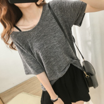 Summer ice silk short sleeve T-shirt woman 2021 new Korean version loose with large code display slim 100 lapped thin knitted blouse tide