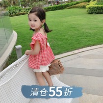 Summer girls lace short-sleeved top Baby children Korean princess shirt Little girl foreign style plaid shirt tide