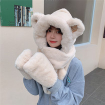 Northeast minus 40-degree Anti-cold Snow Hat Scarf gloves Three sets of women Baotou Protective Ear Small Bear Plush Warmth