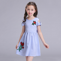 Tong Mingfang Children's Wear Girl's Off Shoulder Embroidered Striped Dress for Children's Summer Dress Back V-Neck Bow Princess Dress