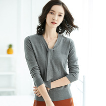 Knit womens pullover top sweater short loose long sleeve thin ribbon Korean tide slim V collar base shirt