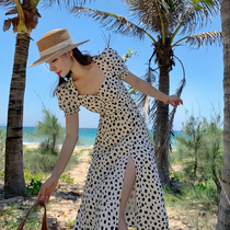 Sanya wind beach dress womens summer dress sexy split super fairy thin white polo dress seaside holiday dress