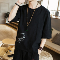 Chinese style summer mens embroidery Half sleeve cotton linen middle sleeve loose Hanfu casual T-shirt linen round neck top
