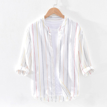 Japanese rainbow colorblock striped linen seven-point sleeve shirt male stand collar loose casual cotton linen material medium sleeve shirt tide