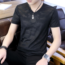 Ice silk T-shirt mens short sleeve V-neck thin slim mulberry silk personality trend hollow breathable Korean handsome body shirt ls