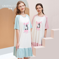Green Jia Summer 2021 New Pajamas Womens Short Sleeved Nightdress Cotton Cartoon Thin Skirt Fashion Home Clothing