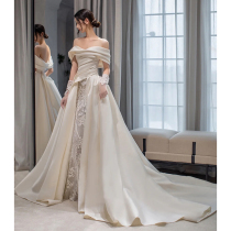 One-shoulder satin main wedding dress 2022 bride luxury palace style small drag tail heavy worker advanced texture winter