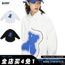 Spring design sense bear cartoon print long-sleeved shirt unisex style unisex trend loose shirt jacket