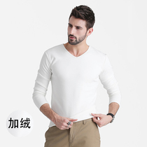 men's long sleeve thickened fleece 2022 spring autumn new v neck bottoming shirt casual slim warm tops