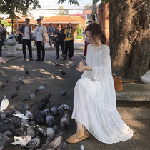 South Korea 2021 spring and summer new French mid-length over-the-knee white chiffon temperament thin waist lace dress