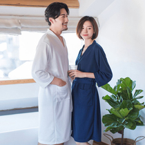 Spring and autumn robes women's thin waffle seven-point sleeve couples long bathrobe absorbent quick-drying large size home clothes men