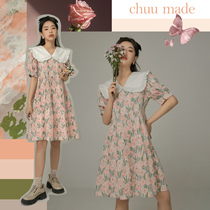 CHUU doll collar floral skirt 2021 summer new lace wooden ear bubble sleeve size slim A dress